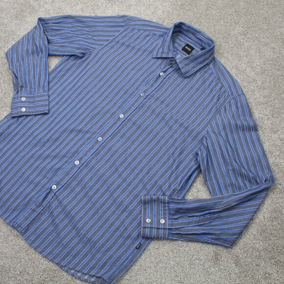BOSS Hugo Boss Shirt Mens Large Blue/Gray Striped "Lex" Cotton L/S Button Up - Picture 3 of 13
